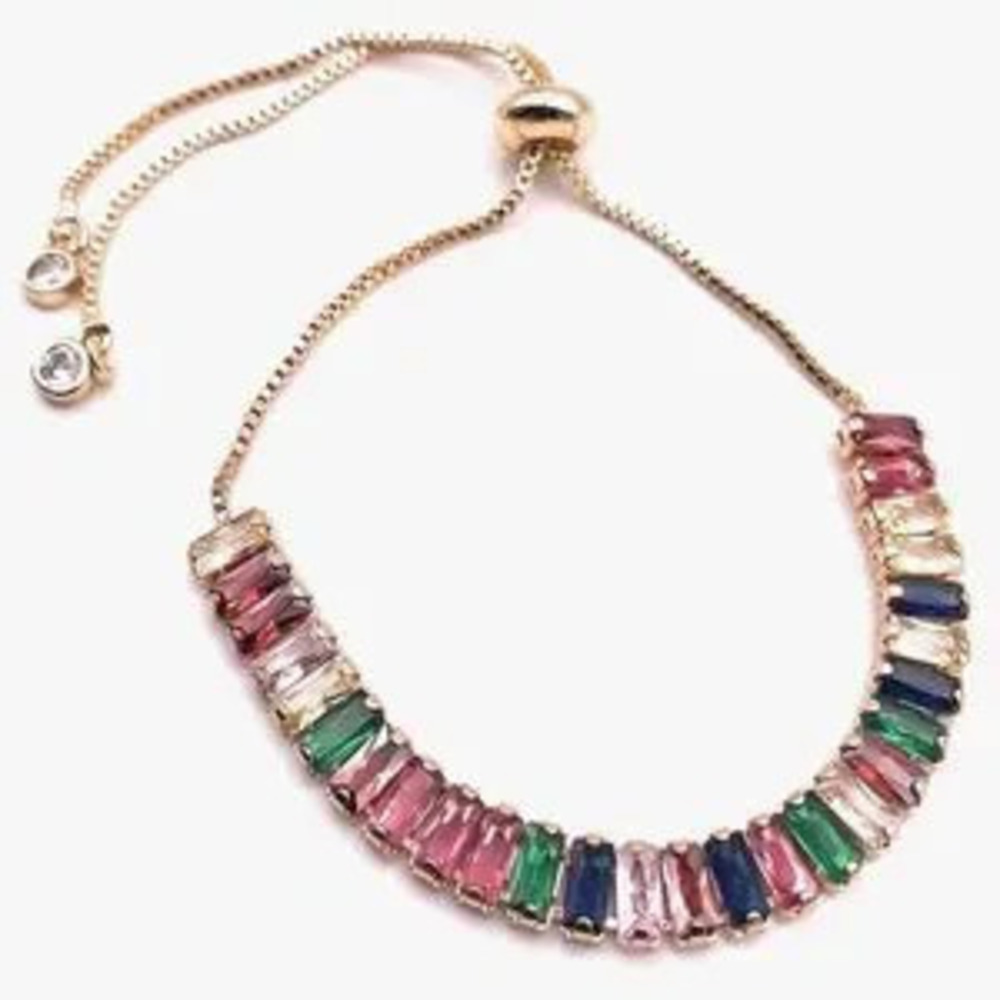 NEW?18K Gold Plated Adjustable Sliding Clasp Multicolor Gemstone Bracelet